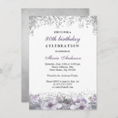 Invitation Parties scintillant d'argent violet fleuri 80e ann (Devant / Derrière)