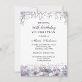Invitation Parties scintillant d'argent violet fleuri 80e ann (Devant)