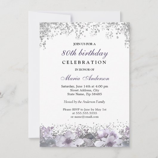 Invitation Parties scintillant d'argent violet fleuri 80e ann (Devant)