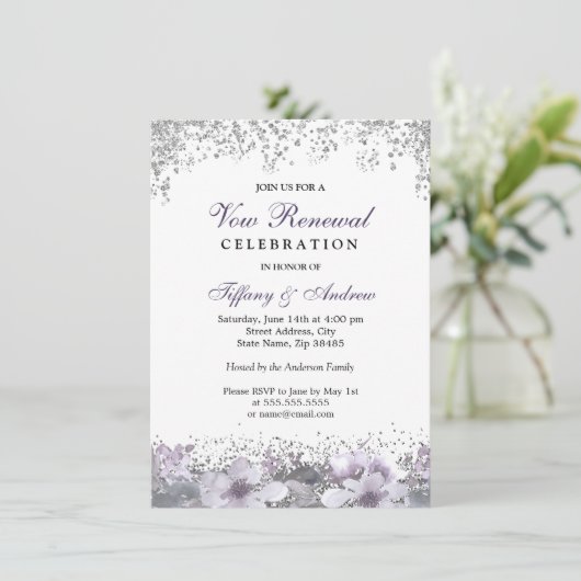 Invitation Parties scintillant d'argent violet fleuri Vow Ren (Debout devant)