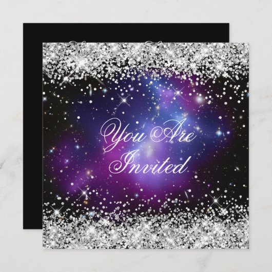 Invitation Parties scintillant d'argent violet Galaxy Mariage (Devant / Derrière)