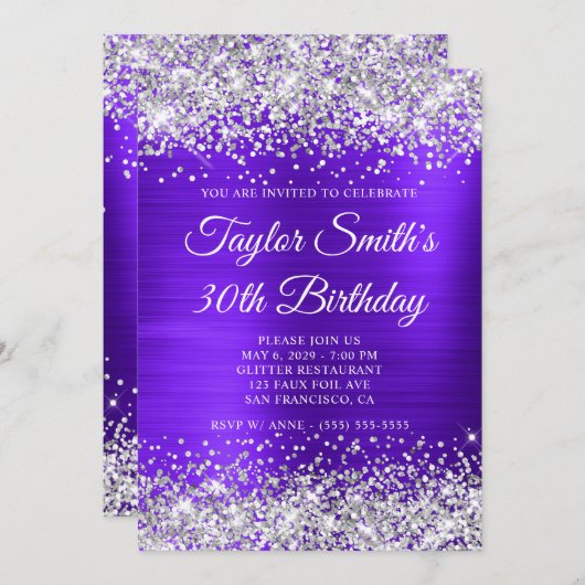 Invitation Parties scintillant d'argent violet Monogramme 30e (Devant / Derrière)