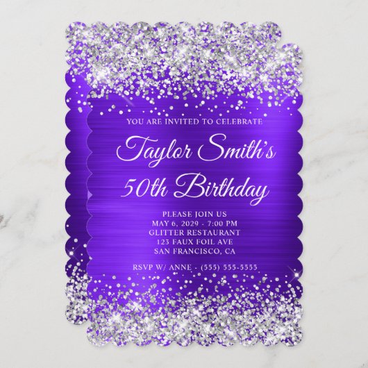 Invitation Parties scintillant d'argent violet Monogramme 50e (Devant / Derrière)