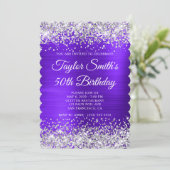 Invitation Parties scintillant d'argent violet Monogramme 50e (Debout devant)