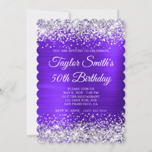 Invitation Parties scintillant d'argent violet Monogramme 50e
