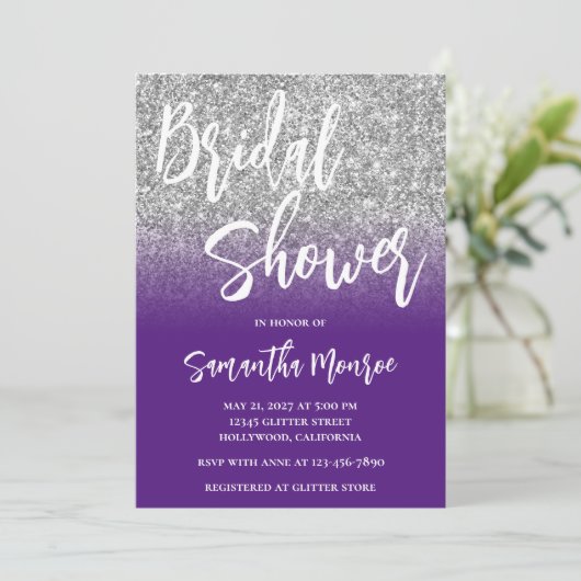 Invitation Parties scintillant d'argent violet ombre QR Code  (Debout devant)