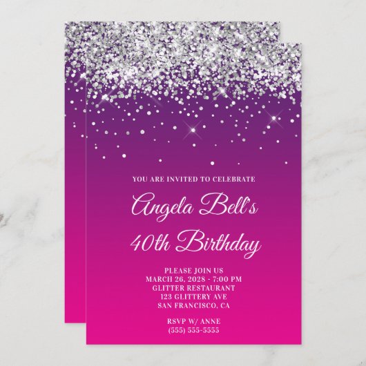Invitation Parties scintillant d'argent violet rose dégradé 4 (Devant / Derrière)