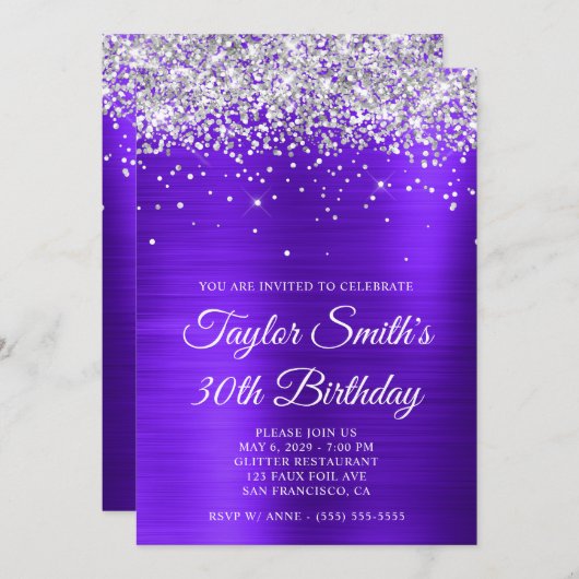 Invitation Parties scintillant d'argent violet violet 30e ann (Devant / Derrière)