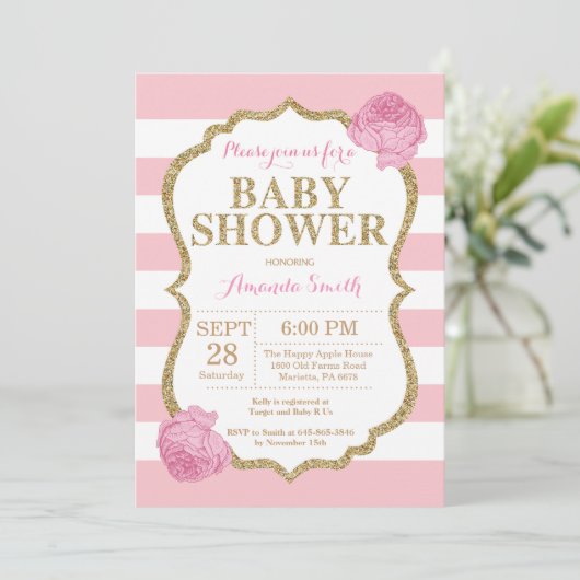 Invitation Parties scintillant d'Baby shower rose et or (Debout devant)