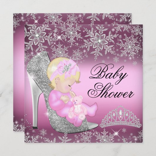 Invitation Parties scintillant de Baby shower Pink Snowflake (Devant / Derrière)