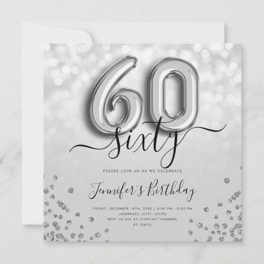 Invitation Parties scintillant de ballon d'argent 60e anniver (Devant)