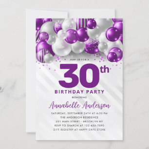 Invitation Parties scintillant de ballons d'argent violet N'i