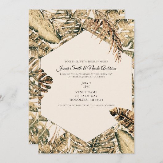 Invitation Parties scintillant de bronze or Palm Tropical Feu (Devant / Derrière)