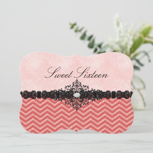Invitation Parties scintillant de corail Chevron & Damask Swe (Debout devant)