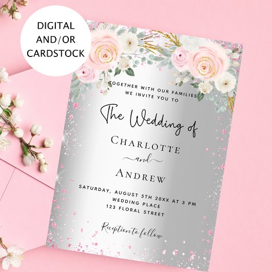 Invitation Parties scintillant de fleurs rose argent mariage