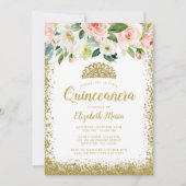 Invitation Parties scintillant de fleurs roses Tiara Quincean (Devant)
