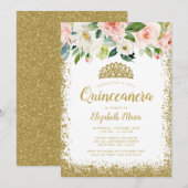 Invitation Parties scintillant de fleurs roses Tiara Quincean (Devant / Derrière)