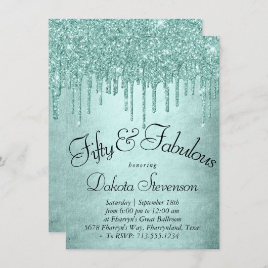 Invitation Parties scintillant de la pointe de dérive | Aqua  (Devant / Derrière)