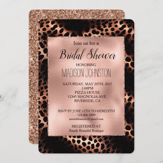 Invitation Parties scintillant de léopard noir rose (Devant / Derrière)