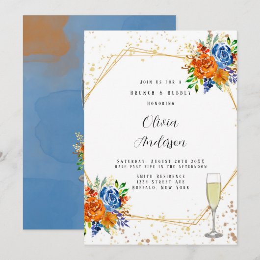 Invitation Parties scintillant de luxe Blue Orange Floral Bru (Devant / Derrière)