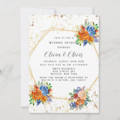 Invitation Parties scintillant de luxe Blue Orange Floral Wed (Devant)