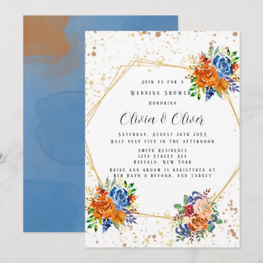 Invitation Parties scintillant de luxe Blue Orange Floral Wed (Devant / Derrière)