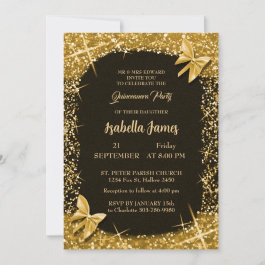 Invitation parties scintillant de luxe classe or noir Papillo (Dos)