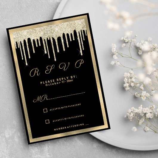 Invitation Parties scintillant de luxe en or noir gouttes RSV