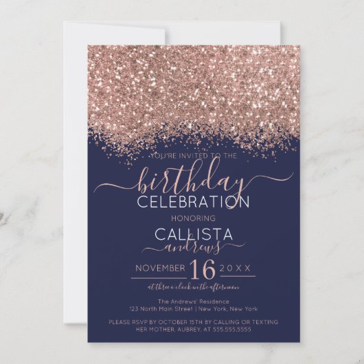 Invitation Parties scintillant de luxe Rose Gold Navy Confett (Devant)