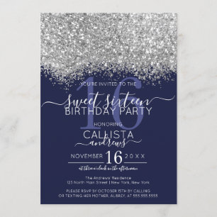 Invitation Parties scintillant de luxe Silver Navy Confetti S