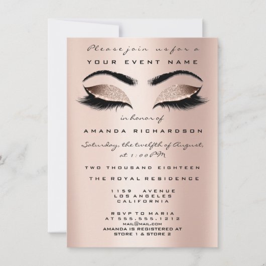 Invitation Parties scintillant de maquillage rose or 16e Eyes (Devant)