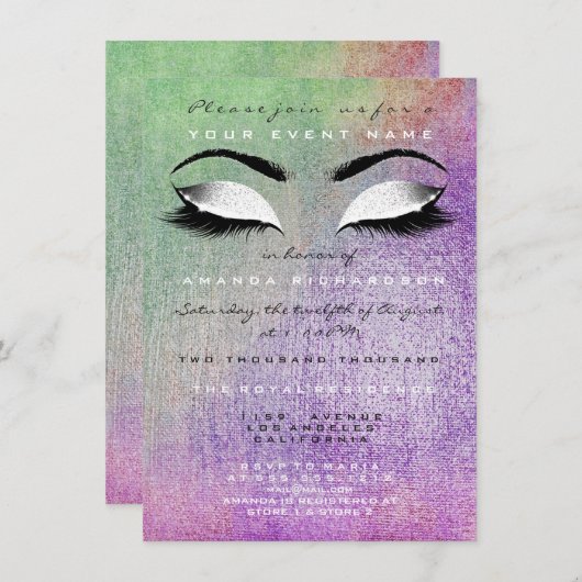 Invitation Parties scintillant de maquillage violet blanc 16e (Devant / Derrière)