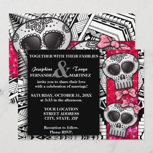 Invitation Parties scintillant de Mariage de crâne rouge noir (Devant / Derrière)