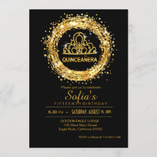 Invitation Parties scintillant de Quincennera noir et or Tiar