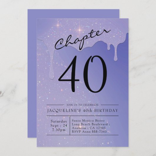 Invitation parties scintillant de script du 40e anniversaire (Devant / Derrière)