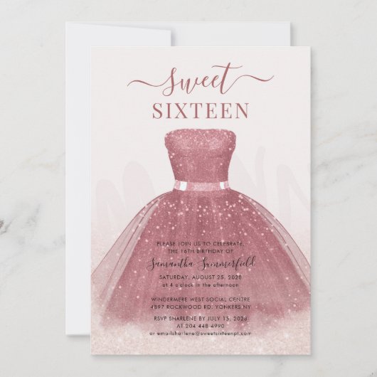 Invitation Parties scintillant de script moderne Sweet 16 Ros (Devant)