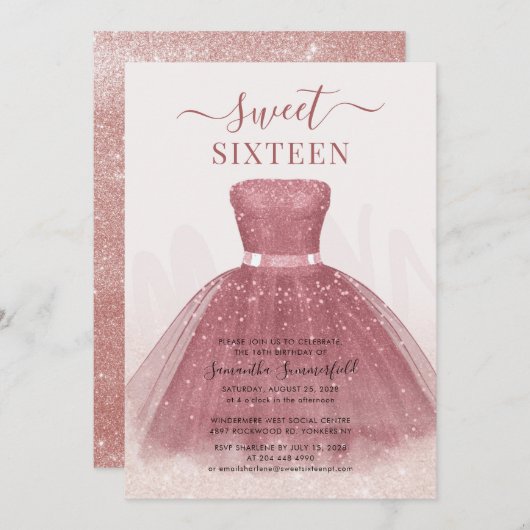 Invitation Parties scintillant de script moderne Sweet 16 Ros (Devant / Derrière)