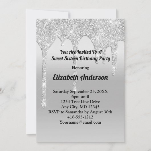 Invitation Parties scintillant de séchage argent Sweet sixtee (Devant)