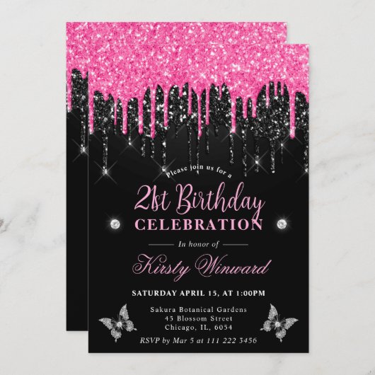 Invitation Parties scintillant de séchage rose et noir chaud  (Devant / Derrière)
