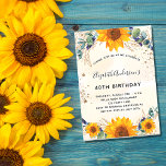 Invitation Parties scintillant de verdure du tournesol d'anni<br><div class="desc">Pour une fête d'anniversaire de 40e (ou tout âge). Un arrière - plan doré à l'eau décoré de tournesols aquarellés,  d'eucalyptus et de feuilles dorés. Faux or parties scintillant poussière. Personnalisez et ajoutez vos noms et les détails du mariage.</div>