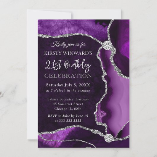 Invitation Parties scintillant de violet et d'argent Faux Aga (Devant)