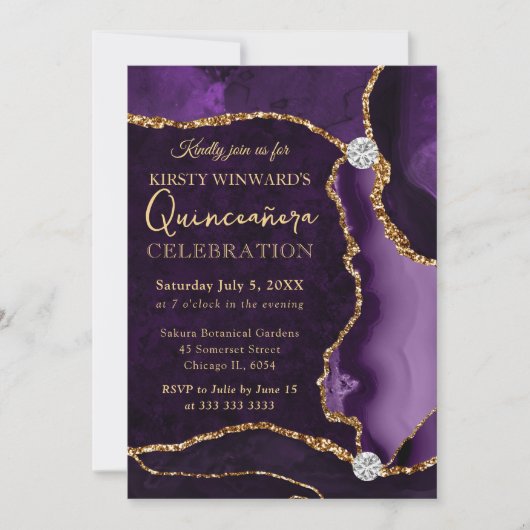 Invitation Parties scintillant de violet et d'or Faux Agate Q (Devant)