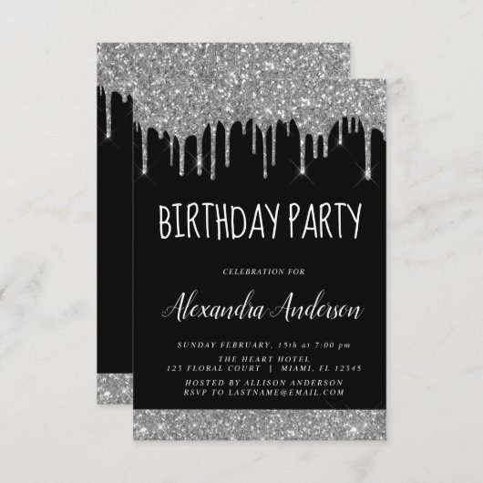 Invitation Parties scintillant d'étincelle noire en argent n' (Devant / Derrière)