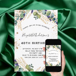 Invitation Parties scintillant d'eucalyptus d'anniversaire<br><div class="desc">Pour une fête d'anniversaire de 40e (ou tout âge). Un arrière - plan blanc décoré de verdure d'eucalyptus et de feuilles dorés. Décoré de points de parties scintillant en faux or. Personnalisez et ajoutez vos noms et les détails du mariage. Lettres noires et dorées. Retour : arrière - plan blanc....</div>