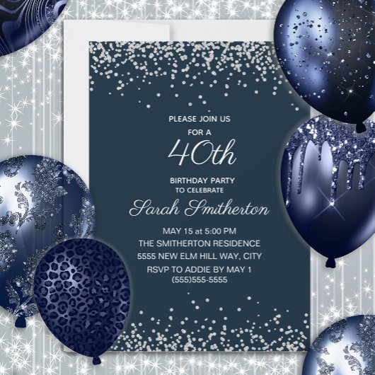 Invitation Parties scintillant Diamant d'argent bleu marine 4