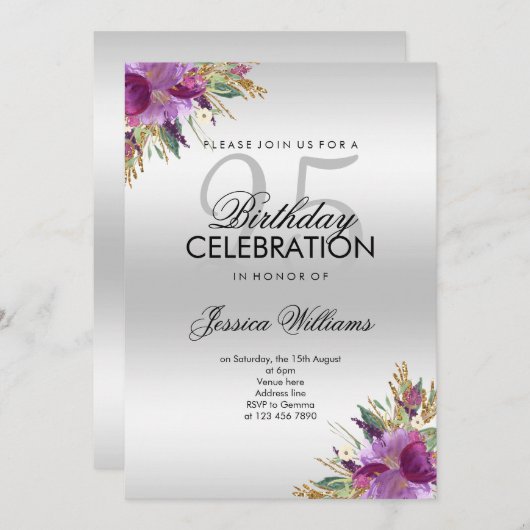 Invitation Parties scintillant Diamond Aquarelle Fleurs Argen (Devant / Derrière)