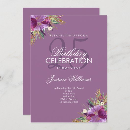 Invitation Parties scintillant Diamond Aquarelle Fleurs Mauve (Devant / Derrière)