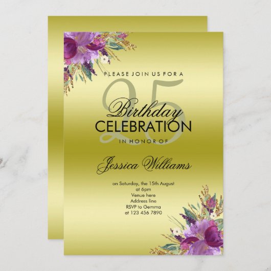 Invitation Parties scintillant Diamond Aquarelle Fleurs Or An (Devant / Derrière)