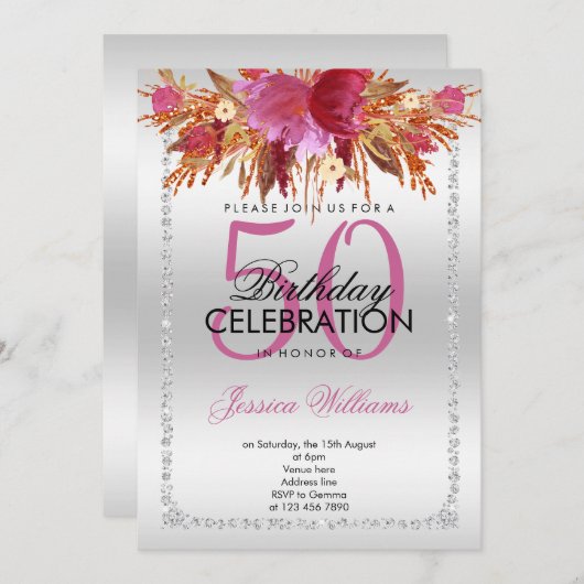 Invitation Parties scintillant Diamond Classy Fleurs d'aquare (Devant / Derrière)