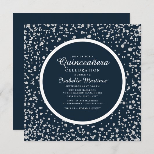 Invitation Parties scintillant Diamond en argent bleu marine (Devant / Derrière)